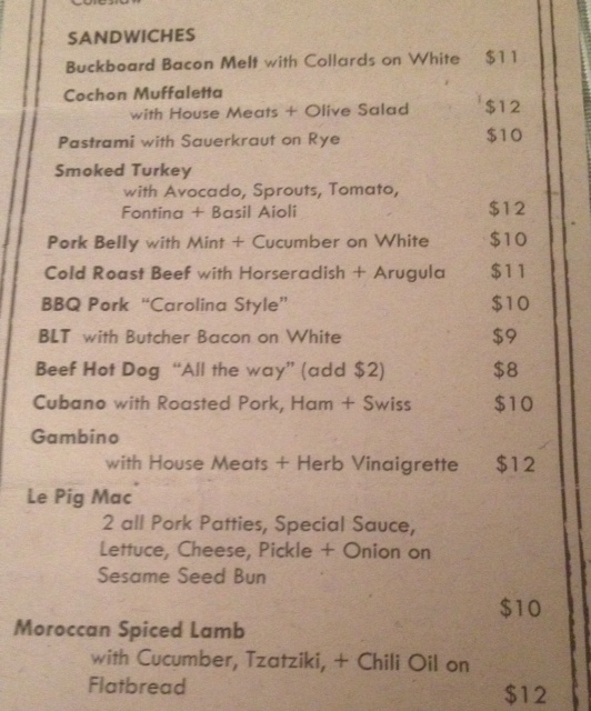 Cochon Butcher Sandwich Menu