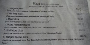 Pizza Menu at Babylon Restaurant