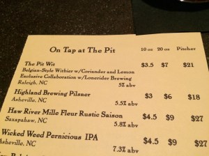 Drinks Menu at the Pit