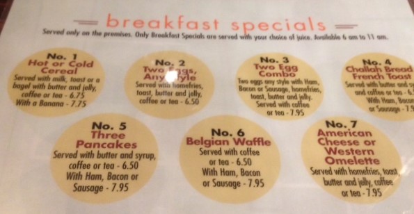 Breakfast options at Manhattan Diner